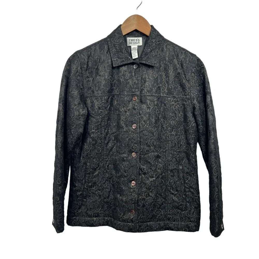 Chicos Size 0 Small Silk Black Embroidered Lace Overlay Button Up Jacket Blazer